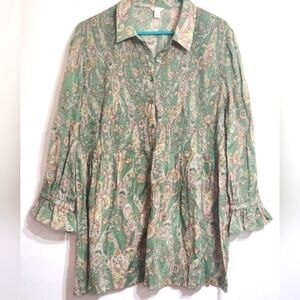 Cato PAISLEY BUTTON DOWN  Flowing Smocked Collared Blouse Size XL